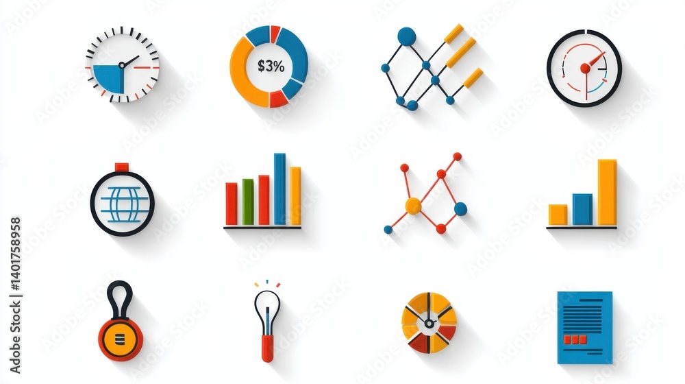 Poster this image depicts a collection of colorful and dynamic icons representing various analytics data vi