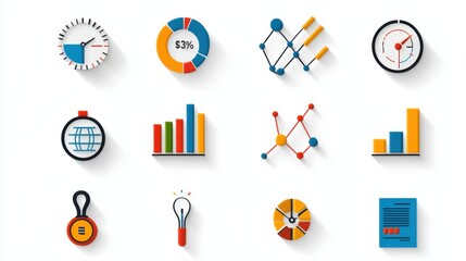 This image depicts a collection of colorful and dynamic icons representing various analytics data visualization and statistical concepts used in business research and decision making processes