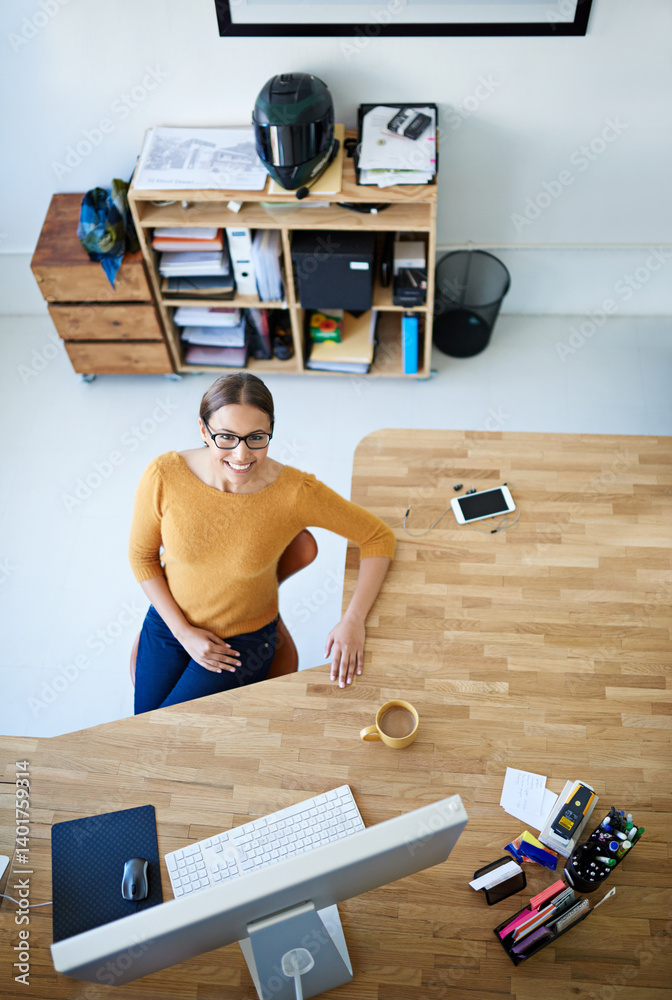 Poster Above, office and creative woman in startup with project as web developer, coding and typing online. Happy, company and person on coffee break and programming website, app or desktop for productivity