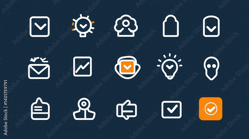 Poster a neatly designed set of 15 outline icons representing different web and app interface elements incl