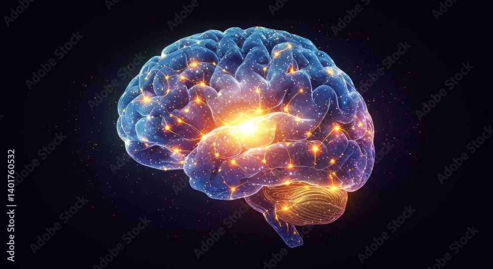Poster human brain activity neural network connection visualization with glowing synapses and neurons for n