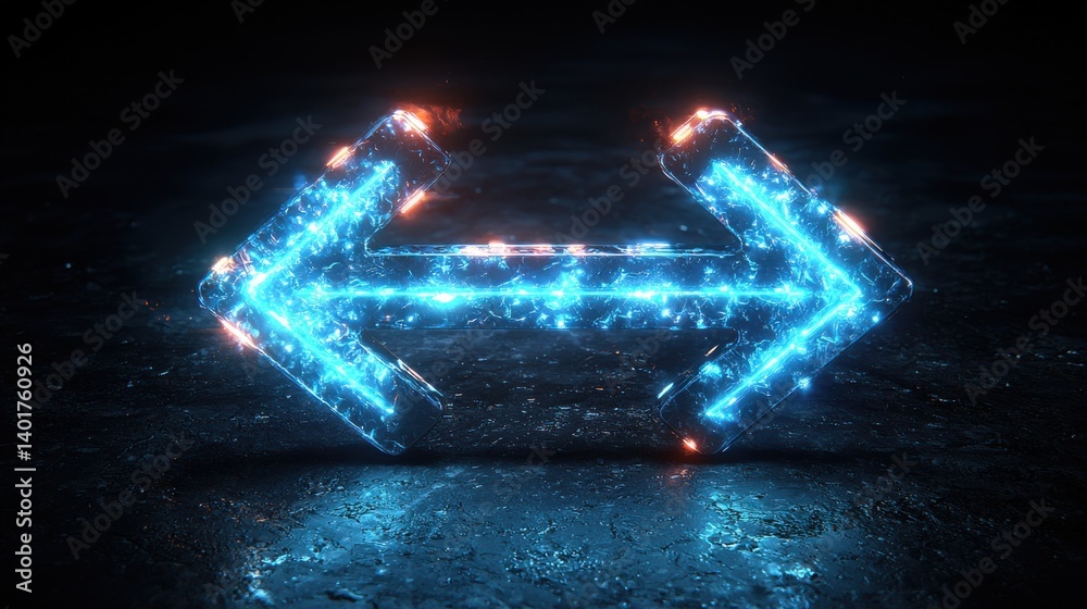 Poster a dynamic neon like arrow shape illuminated by a vibrant beam of light creating a futuristic and vis
