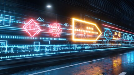 Fototapeta premium A dynamic high tech image depicting a brightly illuminated neon arrow shaped formation of colorful beams moving rapidly through a futuristic industrial style digital tunnel or passageway