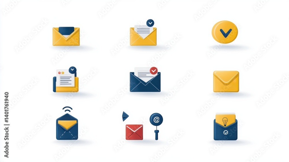 Poster a set of minimalist vector style icons depicting different aspects of email messaging and digital co