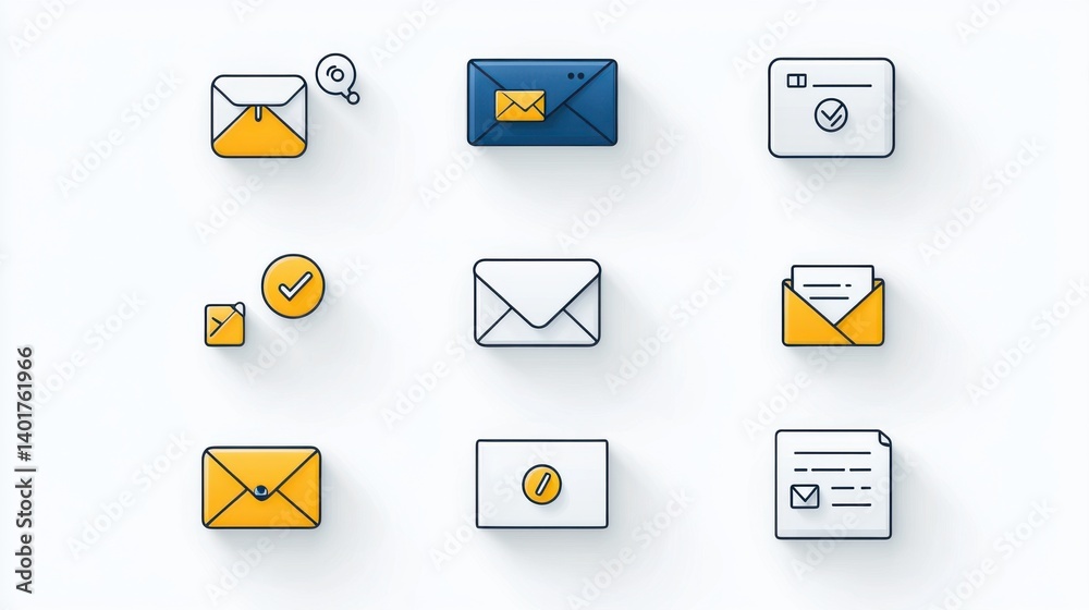 Poster a set of minimalist vector style icons depicting various mail email and communication elements such 