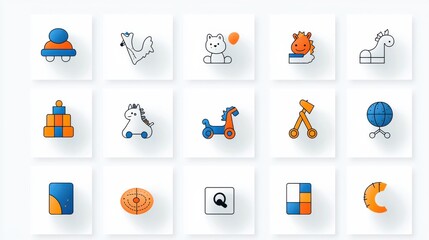 Fototapeta premium A collection of 15 colorful and playful baby toy icons designed with a minimalist thin outline style
