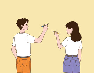 a person who writes on a wall. Illustration vector with minimal design.