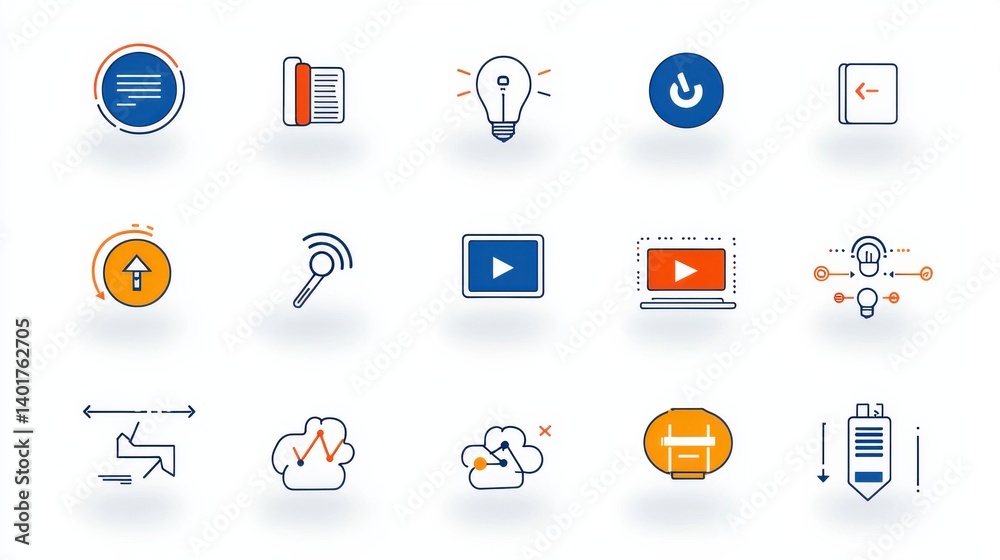 Poster a set of 15 minimalist and clean icons representing various data transfer and communication elements