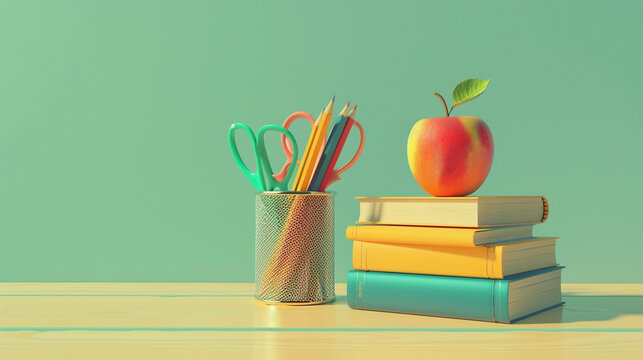 A bright educational still life composition on a mint green background. A stack of hardcover books in various colors - yellow, blue, orange, and brown - sits on a light wooden desk surface