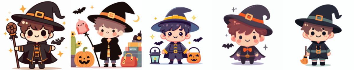 collection of cute vectors of boys wearing wizard costumes