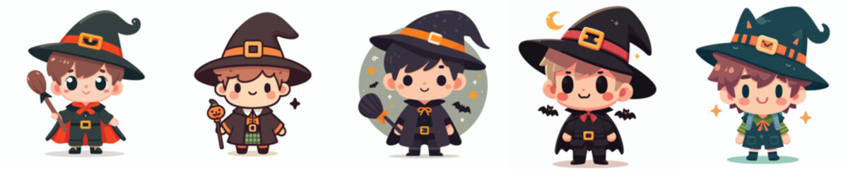 collection of cute vectors of boys wearing wizard costumes