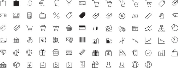 Shopping & Finance &ndash; Essential Vector Icon Pack. This pack includes a wide range of icons&mdash;from shopping carts and credit cards to barcodes, currencies, graphs, and banking symbols.
