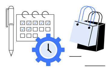 Pen, calendar with check marks, blue gear clock, and shopping bags represent time management and planning in e-commerce and retail sectors. Ideal for productivity, scheduling, task management