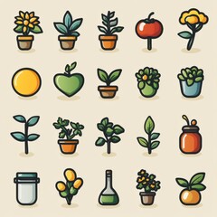 This image depicts a diverse collection of gardening and soil related outline icons including various plants flowers pots and other nature inspired elements