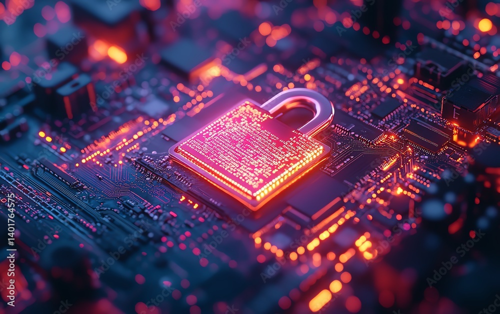 Fototapete A padlock on a digital mainboard, symbolizing secure network systems, data encryption, and the protection of internet privacy in a techheavy world