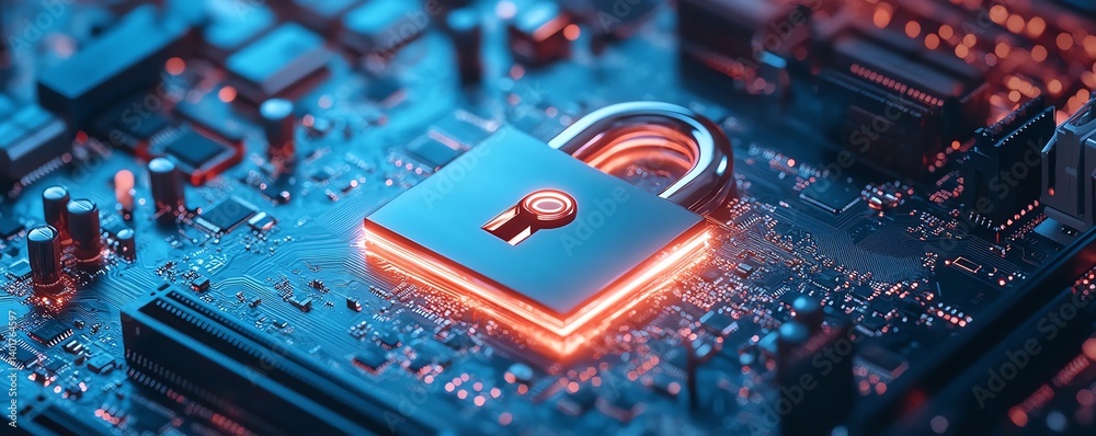 Poster a padlock on a motherboard, symbolizing data security, internet privacy, and network protection, in 