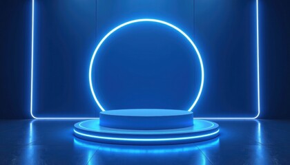 A futuristic, empty blue podium hovers gracefully in mid air, surrounded by a vibrant blue neon ring that illuminates the surrounding darkness with a mesmerizing glow.