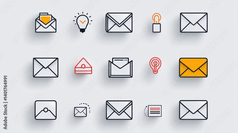 Poster a collection of crisp clean digital icons depicting various envelope and mail related elements desig