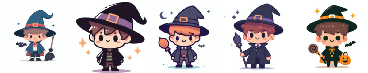 collection of cute vectors of boys wearing wizard costumes