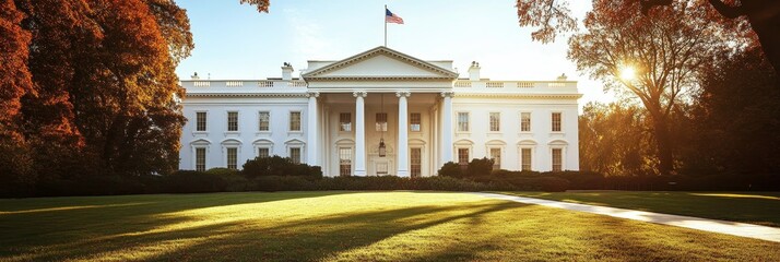 Obraz premium A white building with columns and a flag sits on a green lawn.