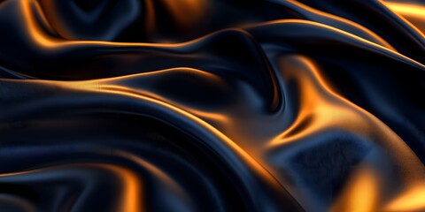 Fototapeta premium Abstract background with smooth waves of dark fabric, glowing golden light and shadow. Dark blue and orange colors. Close-up view. Soft focus. 