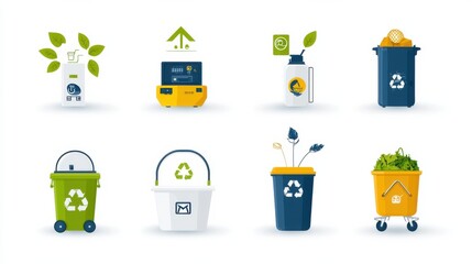 Collection of various recycling and waste management icons representing different types of waste sustainable disposal and environmental conservation efforts
