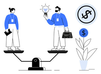 Two professionals on a seesaw scale balancing ideas and finances. One holds a lightbulb, symbolizing innovation, and the other observes. Ideal for teamwork, balance, business strategy, innovation