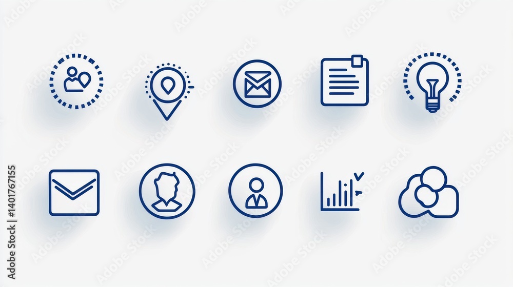 Poster a set of clean and simple icons representing various business and concepts including communication d