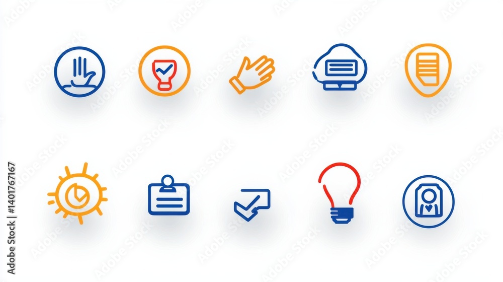 Poster a set of minimalist flat style icons representing various business and concepts including approval t