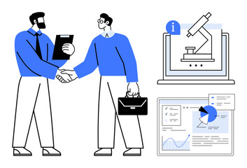 Two men shaking hands with clipboard and briefcase, alongside microscope on screen and data dashboard. Ideal for collaboration, technology, research, agreement, teamwork, business, simple landing