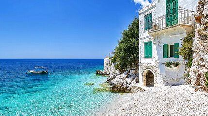 Obraz premium Azure waters meet white buildings and a rocky shore with a small boat bobbing under a clear blue sky.