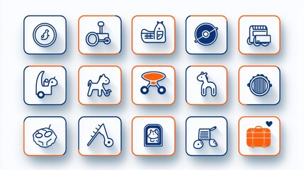 A collection of clean and simple icons representing various nursery and playtime related elements including toys baby care items and outdoor play equipment