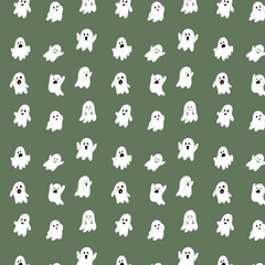 Cute White Ghost Pattern on Olive Green Background