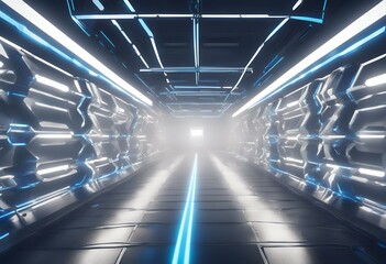 futuristic empty laser glossy neon rendering 3d spaceship metal sci garage white lights blue fi modern stage led tunnel corridor hangar showroom dark architecture interior design bright club glow