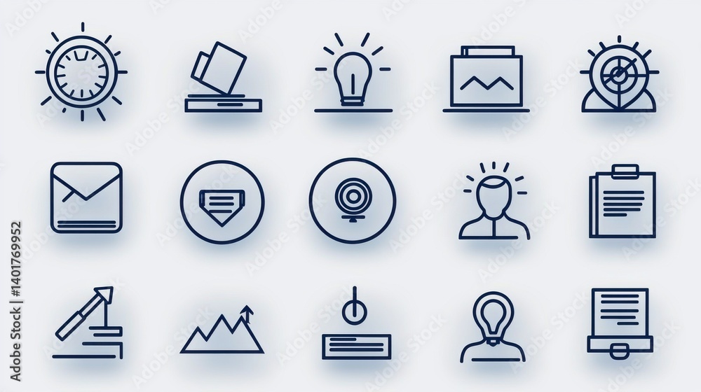 Poster set of icons representing various aspects of professional management and organization including busi