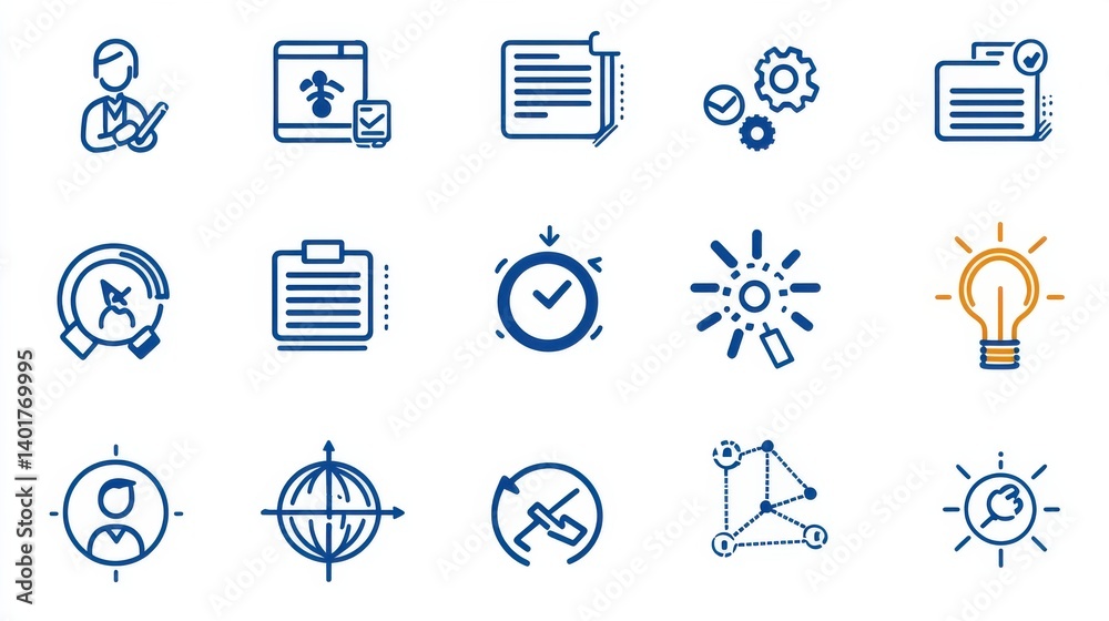 Poster a set of 15 professional icons representing various aspects of project management including workflow