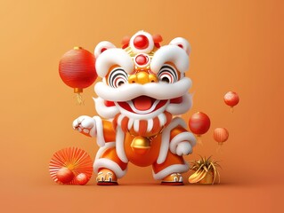 Naklejka premium Chinese Lion Dance: A playful and festive illustration, celebrating Lunar New Year with vibrant colors and rich tradition.