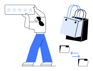 Person holding a five-star rating, shopping bags, file folders with double-sided arrows. Ideal for e-commerce, customer reviews, online shopping, data sharing, business transactions, consumer
