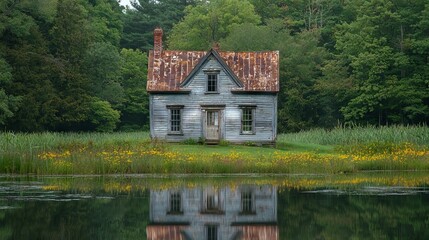 Obraz premium Weathered Abandoned House Surrounded by Lush Greenery and Water