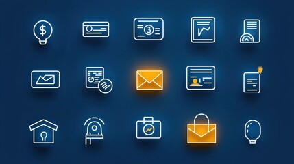 A set of outline icons representing various financial management and security related concepts including banking investments payments and loan