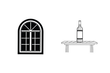 Minimalist Window Frame Illustration With Wine Bottle On Table Outline