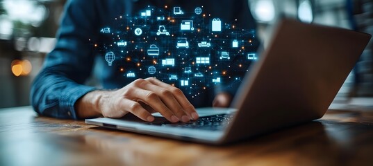 Logistics and transport management concept showing businessman with laptop using supply chain technology for resource planning and operational efficiency
