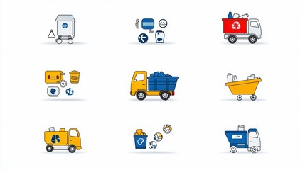 Set of colorful icons representing different types of garbage trucks waste disposal containers and recycling services for efficient and eco friendly waste management