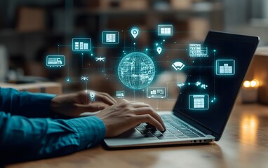 Modern supply chain control with businessman managing logistics via laptop, optimizing delivery systems and customer service through digital tools
