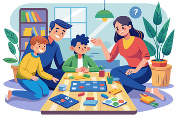 Vector illustration of a family playing board games together at home