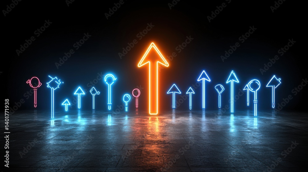 Poster a vibrant futuristic image featuring a group of glowing neon arrows against a dark background creati