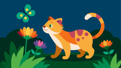 Fototapeta premium Garden Setting In a vibrant garden filled with colorful flowers and lush grass a small calico cat is playfully batting at a butterfly. The vibrant colors of the flowers contrast