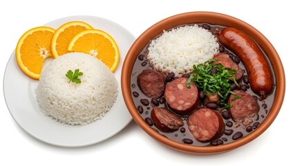 Brazilian feijoada served with rice, farofa, and orange slices, isolated on white background, perfect for menus, food packaging and commercial use