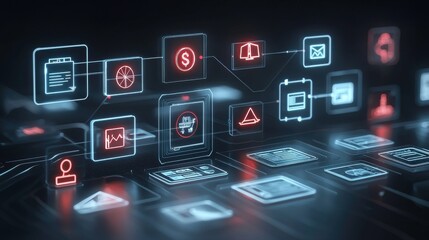 A futuristic minimalist interface showcasing a collection of digital document and data related icons with a clean thin line aesthetic