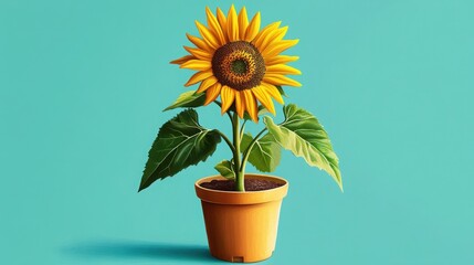 Obraz premium Vibrant Yellow Sunflower in a Terracotta Pot Against a Teal Background